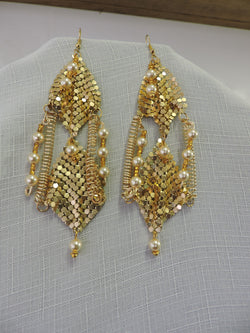 Gold Mesh and Swarovski Pearl Dangle Earrings