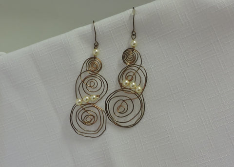 Hammered Copper and Swarovski Pearl Dangle Earrings