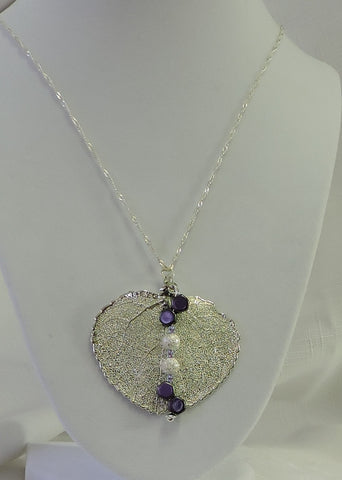 Silver Aspen Leaf with Purple and Silver Bead Pendant