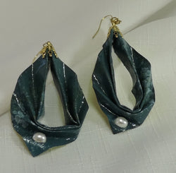 Eco Friendly Shaded Teal Paper Bag Pleated Dangle Earrings with Oval Pearl