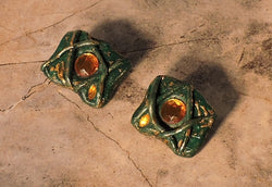 Dark Green and Amber Clay Rectangle Earrings