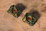 Dark Green and Amber Clay Rectangle Earrings