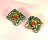 Dark Green and Amber Clay Rectangle Earrings