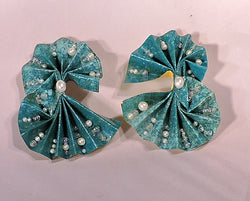 Eco-Friendly Paper Turquoise and Pearl Pleated Double Fan Earrings