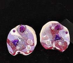 Purple, Burgundy and White Marbled Clay Clip On Earrings