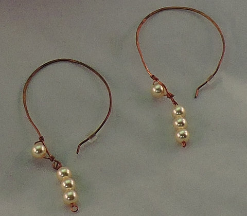 Large Copper Hammered Hoop with Swarovski Pearls Dangle Earrings