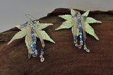 Silver Maple Leaf Dangle Earrings with Swarovski Blue Pearls and Bicone Crystals