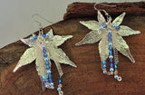 Silver Maple Leaf Dangle Earrings with Swarovski Blue Pearls and Bicone Crystals