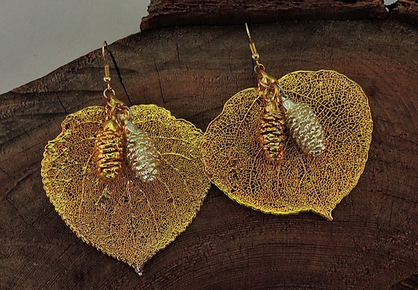 24K Gold Aspen Leaf with Pine cones Dangle Earrings