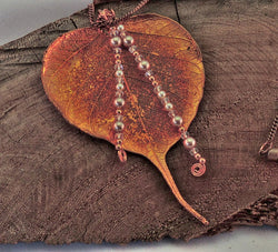 Copper Bodhi Leaf with Swarovski Pearls Pendant