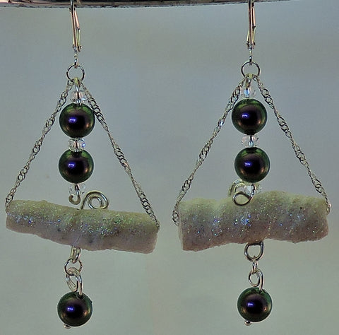 Twisted Clay Bugle Beads and Swarovski Irridescent Purple Pearl Earrings