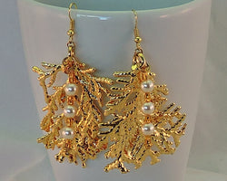 24k Gold Cypress Leaf Dangle Earrings with Swarovski Pearls