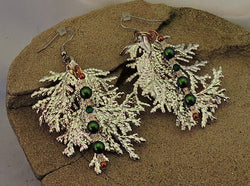 Silver Cypress Leaf w/Green Swarovski Pearls Dangle Earrings