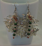 Silver Cypress Leaf w/Green Swarovski Pearls Dangle Earrings