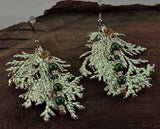 Silver Cypress Leaf w/Green Swarovski Pearls Dangle Earrings