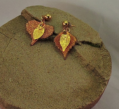 Copper Cottonwood Leaf and Gold Evergreen Leaf Dangle Earrings