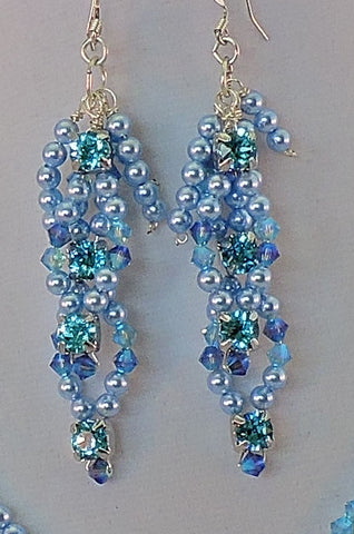 Swarovski Blue Pearl and Crystal Dangle Earrings