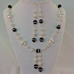 Black and White Rhinestone Pearl Necklace and Dangle Earring Set