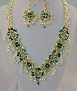 Swarovski Pearl & Green Crystal Party Necklace and Dangle Earring Set