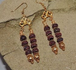 Purple Sparkle and Gold Bead Dangle Earrings