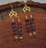 Purple Sparkle and Gold Bead Dangle Earrings