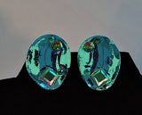 Shades of Blue Green Marbelized Clay Post Earrings with Swarovski Crystal