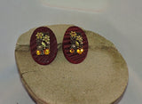 Oval Wood and Antique Gold Metal Flowers and Amber Stones Earrings