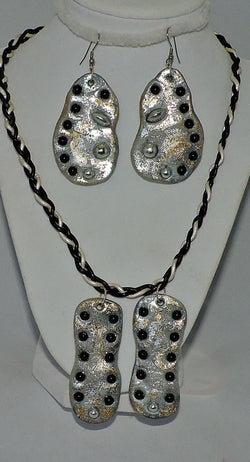 Silver Clay with Black and Silver Beads Necklace and Earring Set