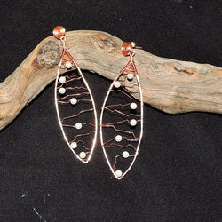 Wire Wrapped Open Weave Copper Dangle Earrings with Pearls