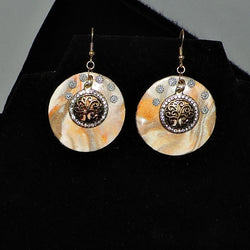 Marbled Neutral Clay Dangle Earrings with Gold Filigree Disk