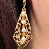 White Pearls and Gold Beads on Gold Filigree Dangle Earrings