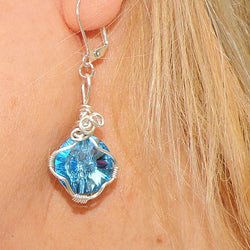 Swarovski Blue Crystal Silver Wire Wrapped Dangle Earrings