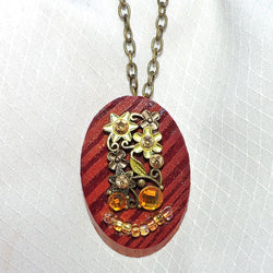 Oval Wood and Antique Gold Flowers with Amber Stones Pendant