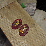 Oval Wood and Antique Gold Metal Flowers and Amber Stones Earrings