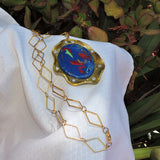 Marbled Blue and Gold Clay and Rhinestone Pendant