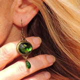 Vintage Green Glass Stone with Swarovski Green Crystal Drop Earrings