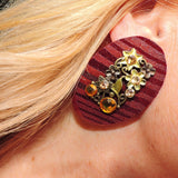 Oval Wood and Antique Gold Metal Flowers and Amber Stones Earrings