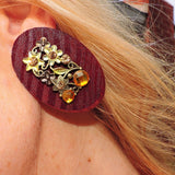 Oval Wood and Antique Gold Metal Flowers and Amber Stones Earrings