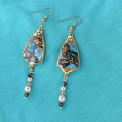 24K Gold Edging &Turquoise and Copper Stone Dangle Earrings with Swarovski Pearls and Crystals