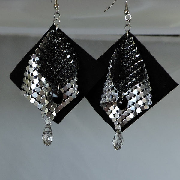 Black Suede w/Silver & Black Mesh w/Swarovski Crystal Dangle Earrings