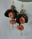 Eco Macademia Shells W/Decoupage Beads and Swarovski Crystal Dangle Earrings