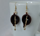 Eco Madademia Shell w/Gold Twisted Bugle Beads and Gold Seed Bead Dangle Earrings