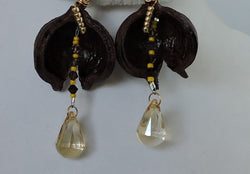 Eco Macadamia Shell w/Swarovski Crystal Cabochette & Seed Beads Dangle Earrings