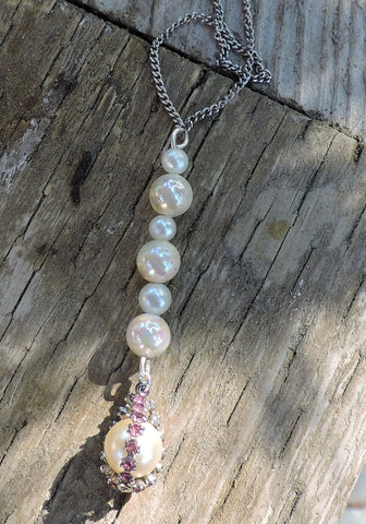 Pearl Pendant/Choker with a Pink Rhinestone Cage