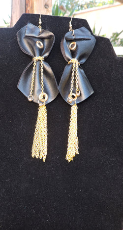 Black Faux Leather and Gold Chain Dangle Earrings