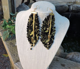 Black Suede and Gold Feather Dangle Earrings