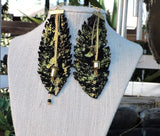 Black Suede and Gold Feather Dangle Earrings