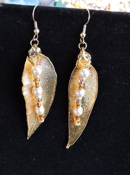 24K Gold Macadamia Leaf Dangle Earrings w/Swarovski Pearls