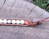 Bracelet Boho Style of Brown Leather with Beads and Swarovski Pearls