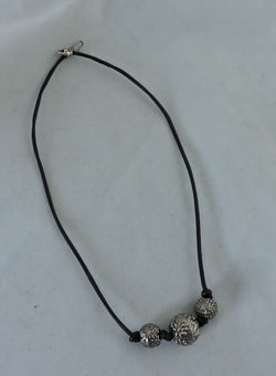 Boho Choker w/Black Leather and Antique Silver Textured Beads